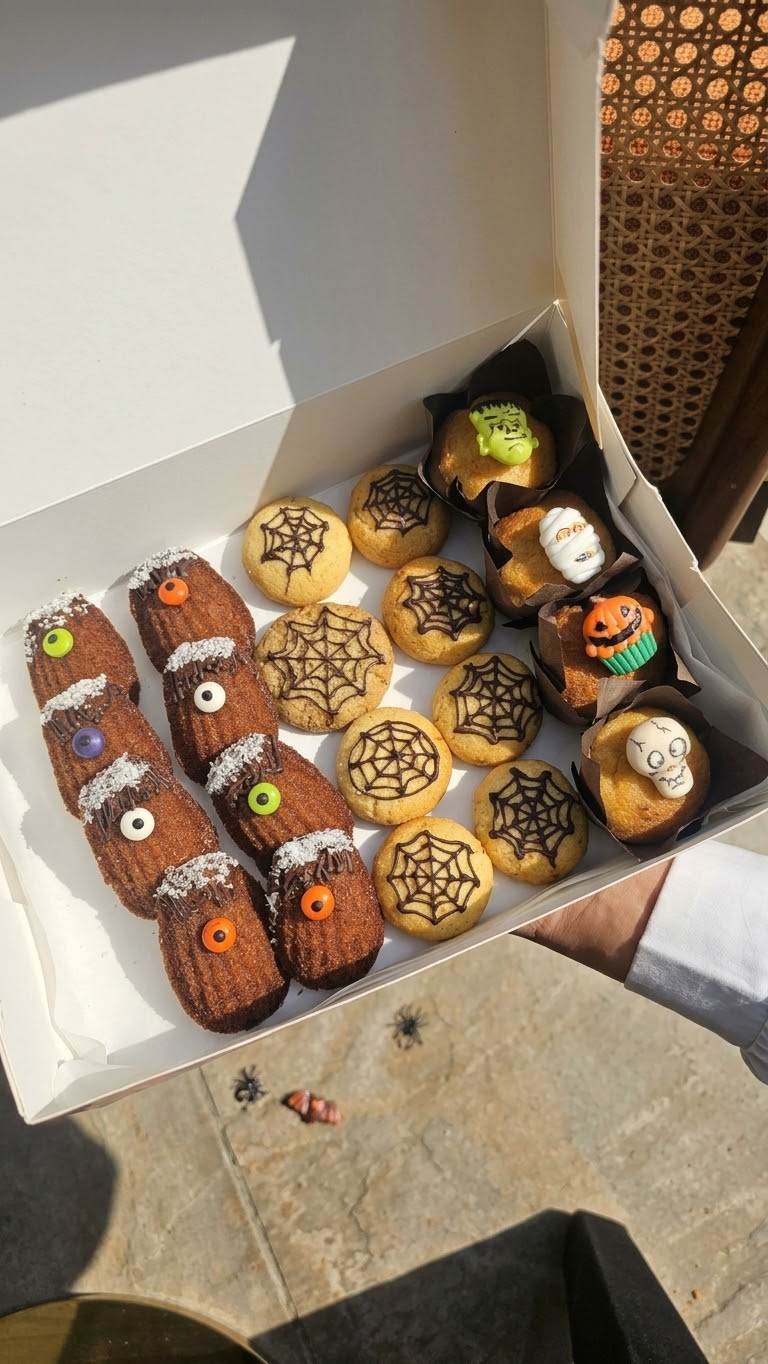Open Halloween treat box with spooky cookies and candies, including spiders, pumpkins, skulls