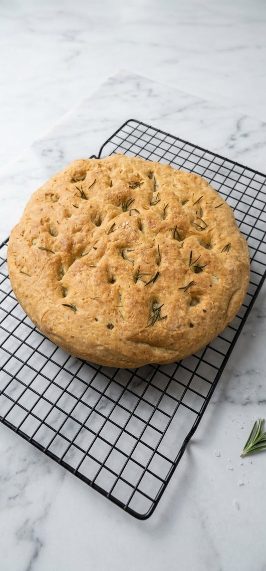Round rosemary focaccia bread loaf on cooling rack